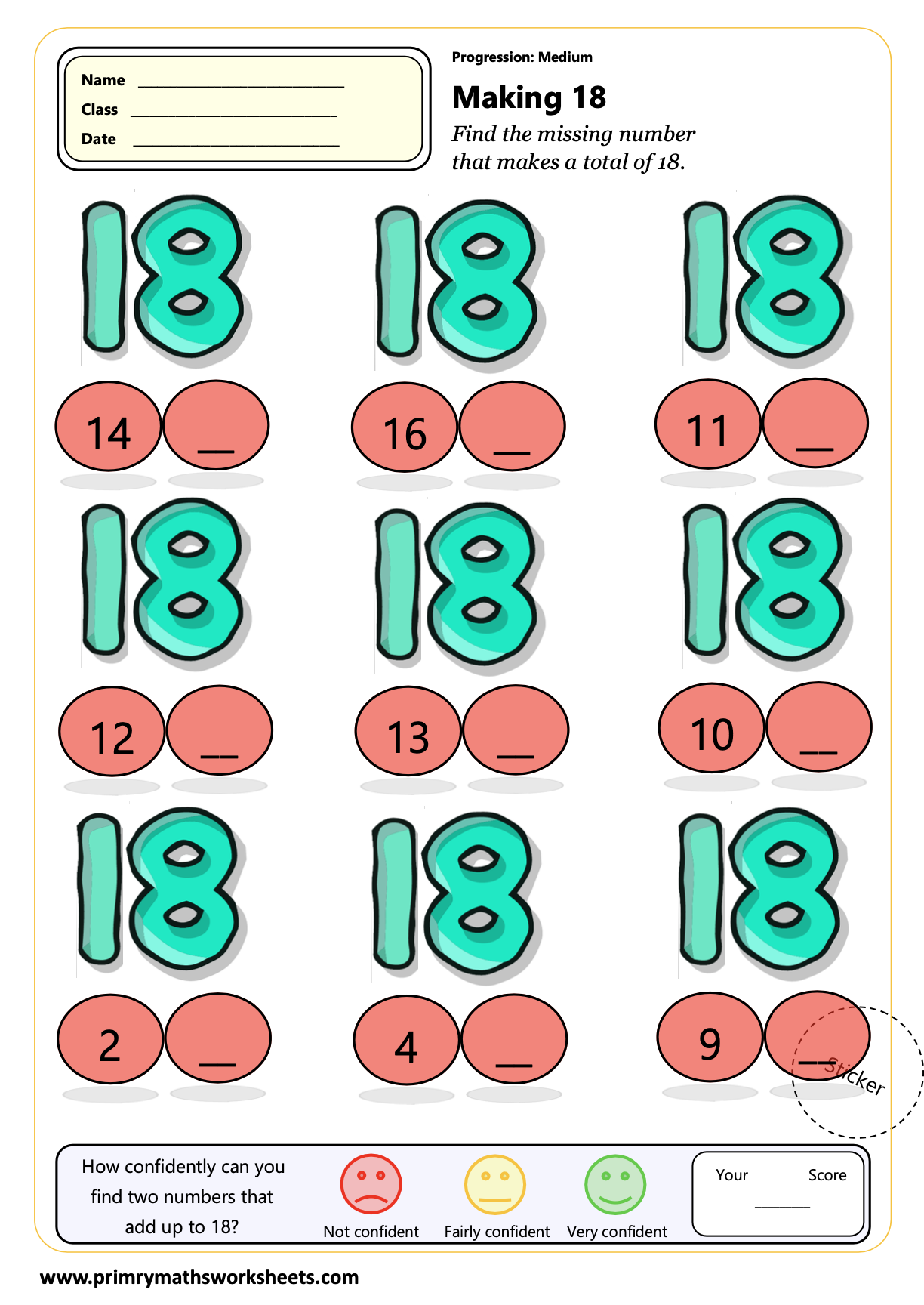 Adding Making 18 - Primary Maths Worksheets