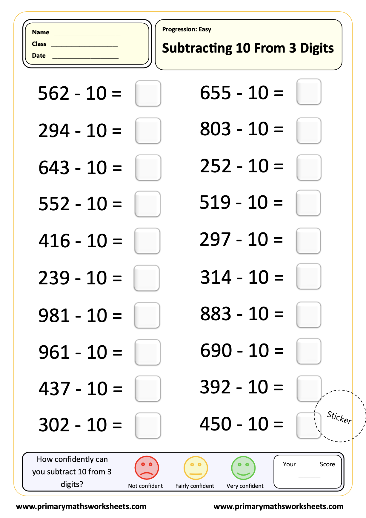 Subtracting 10 from 3 Digits Worksheet