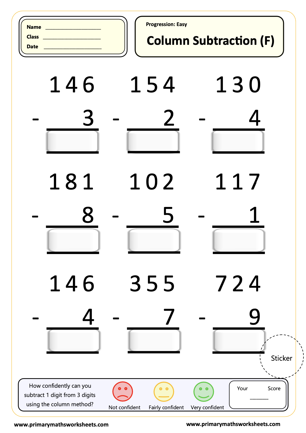 Column Subtraction (F) Worksheet