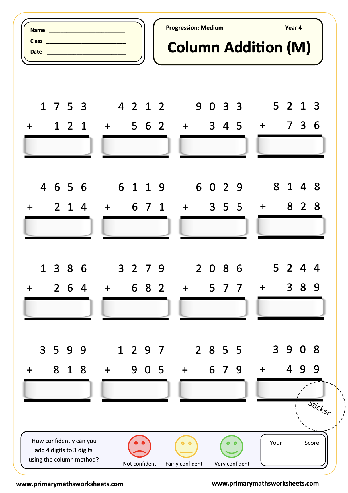 Year 4 Addition Worksheets