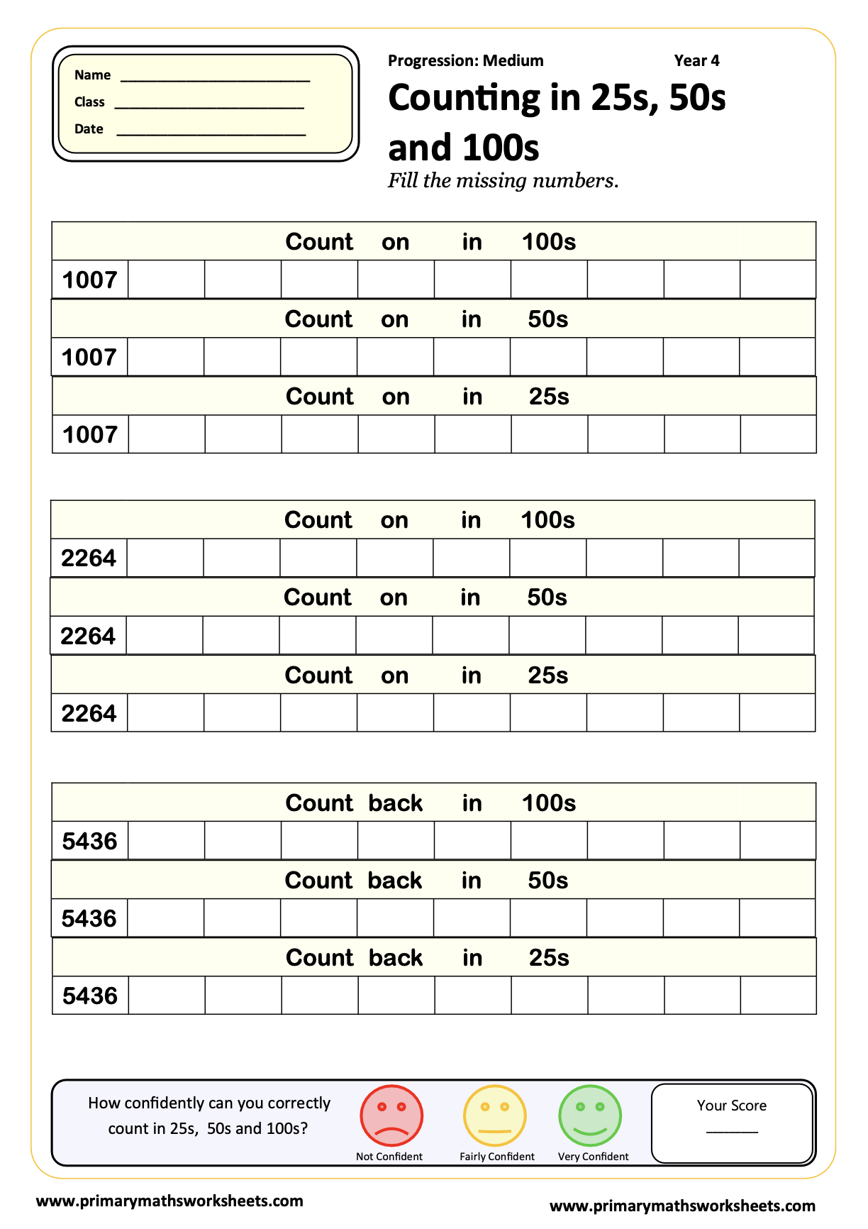 Counting in 25s 50s and 100 Worksheet