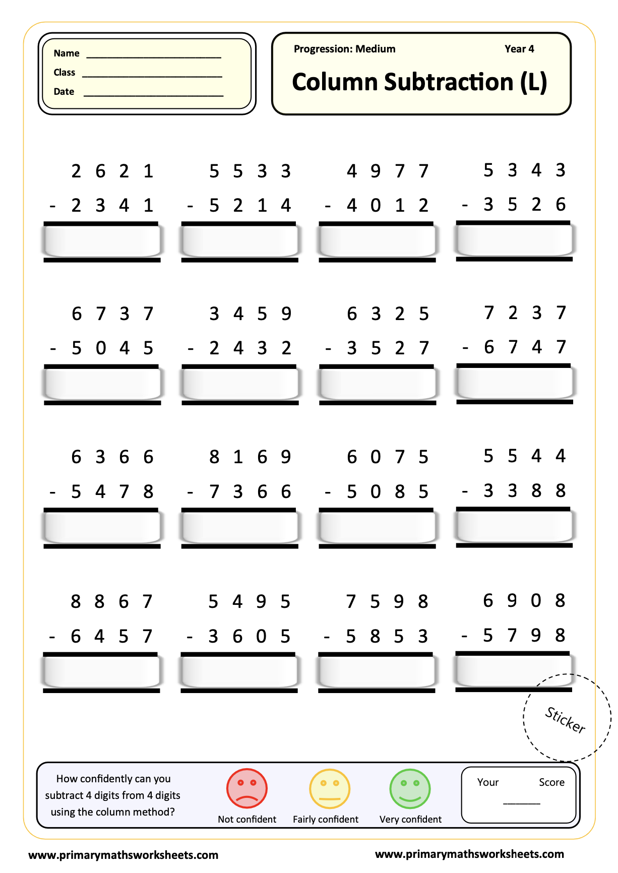 Column Subtraction (L) Worksheet