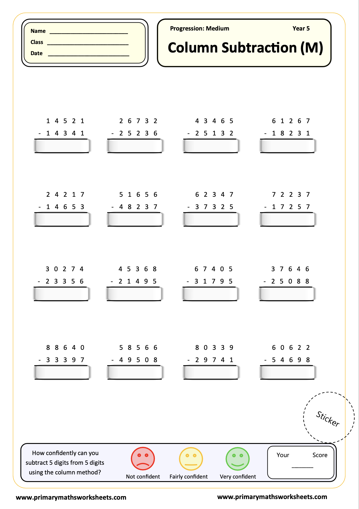 Year 5 Subtraction Worksheets