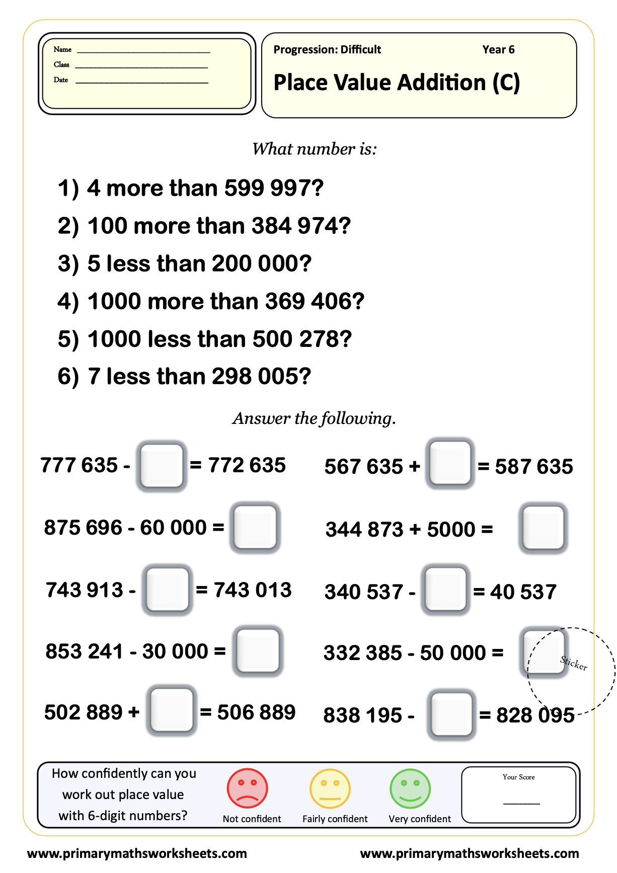 Place Value Worksheet for year 6