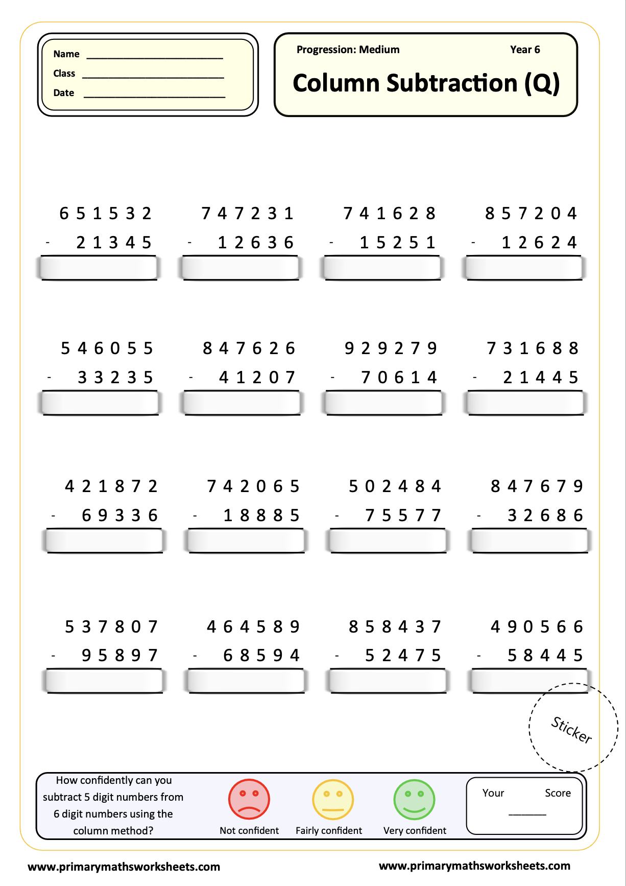 Year 6 Subtraction Worksheets