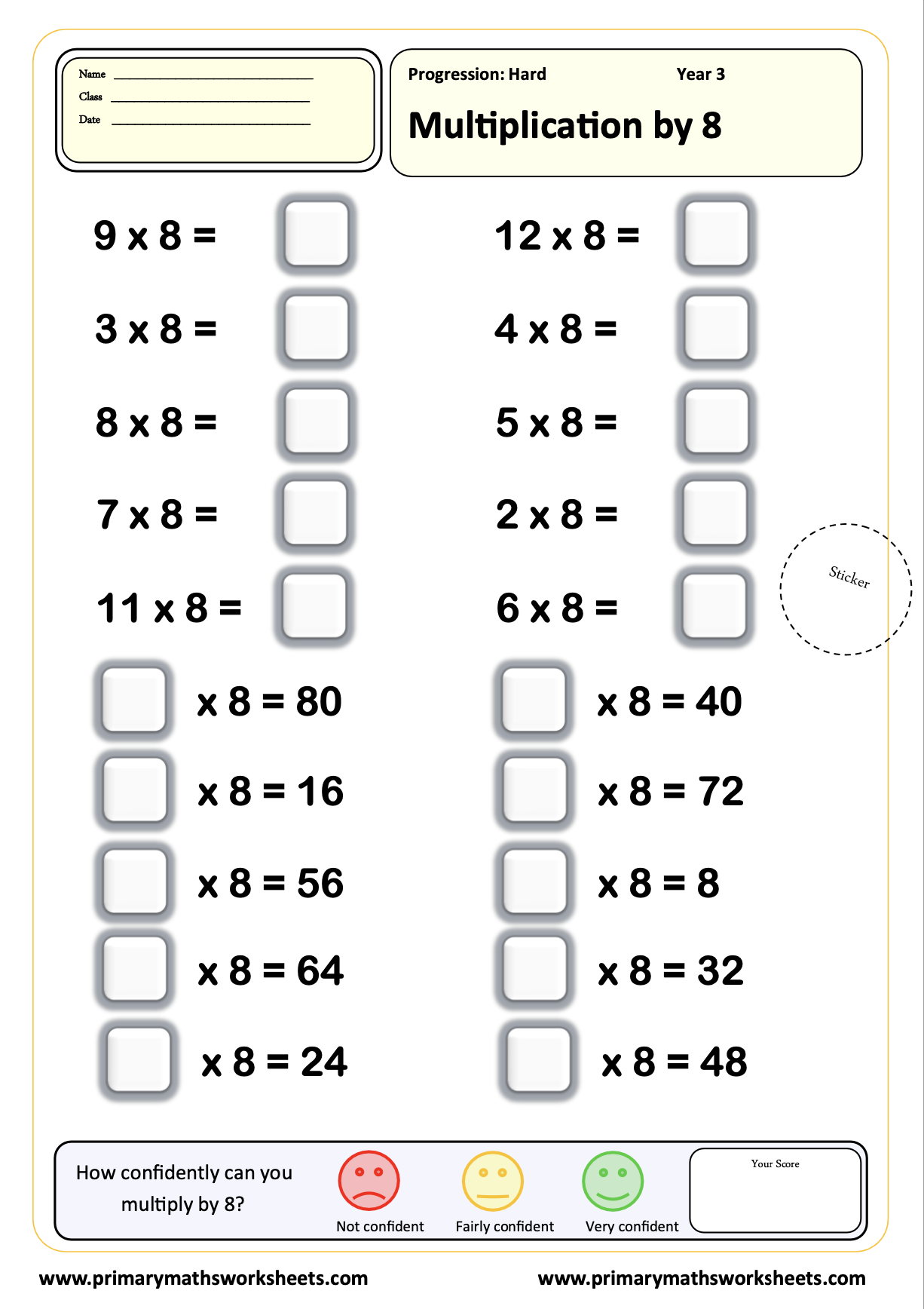 Multiplication by 8 Worksheet