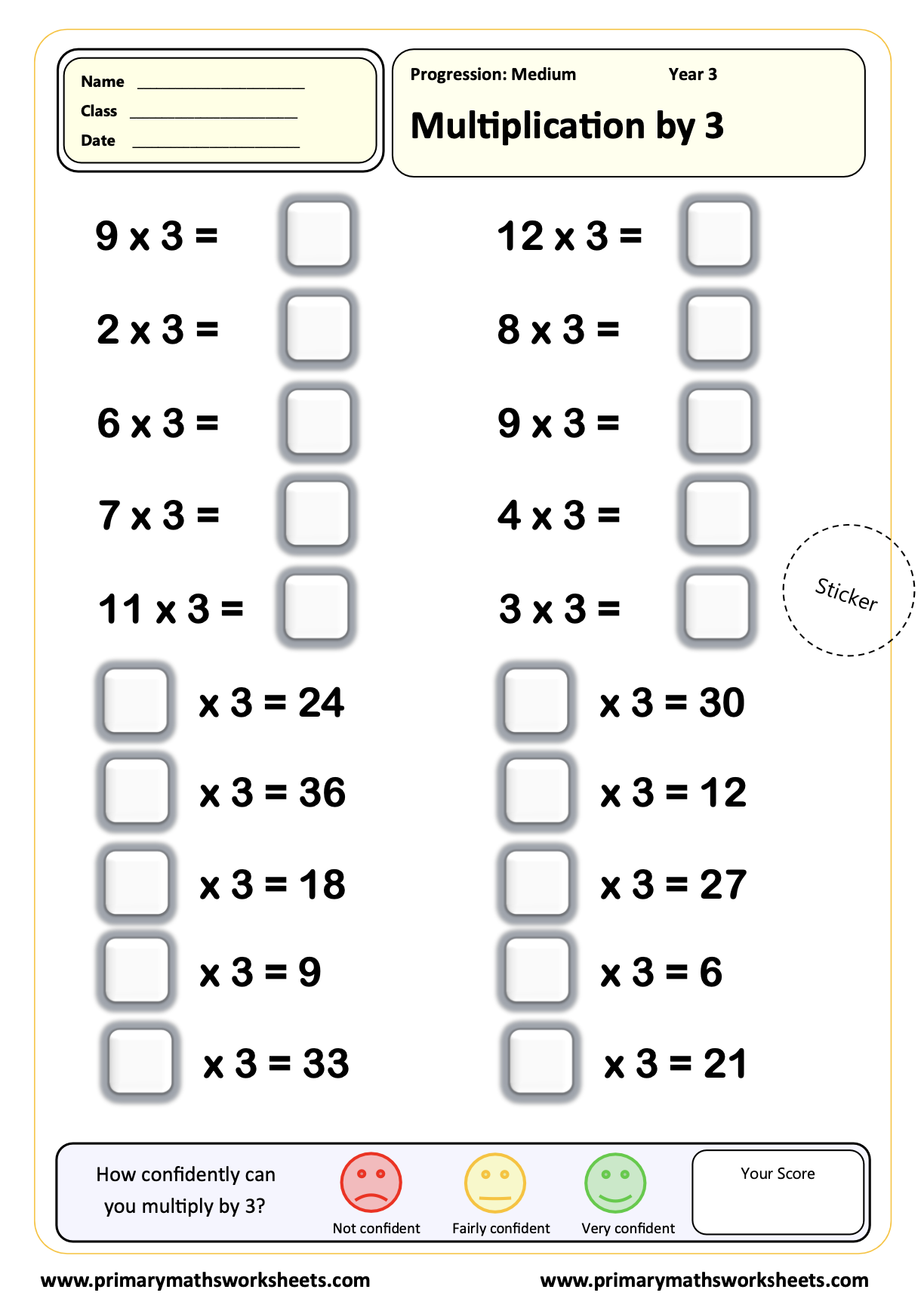 Multiplication by 3 Worksheet