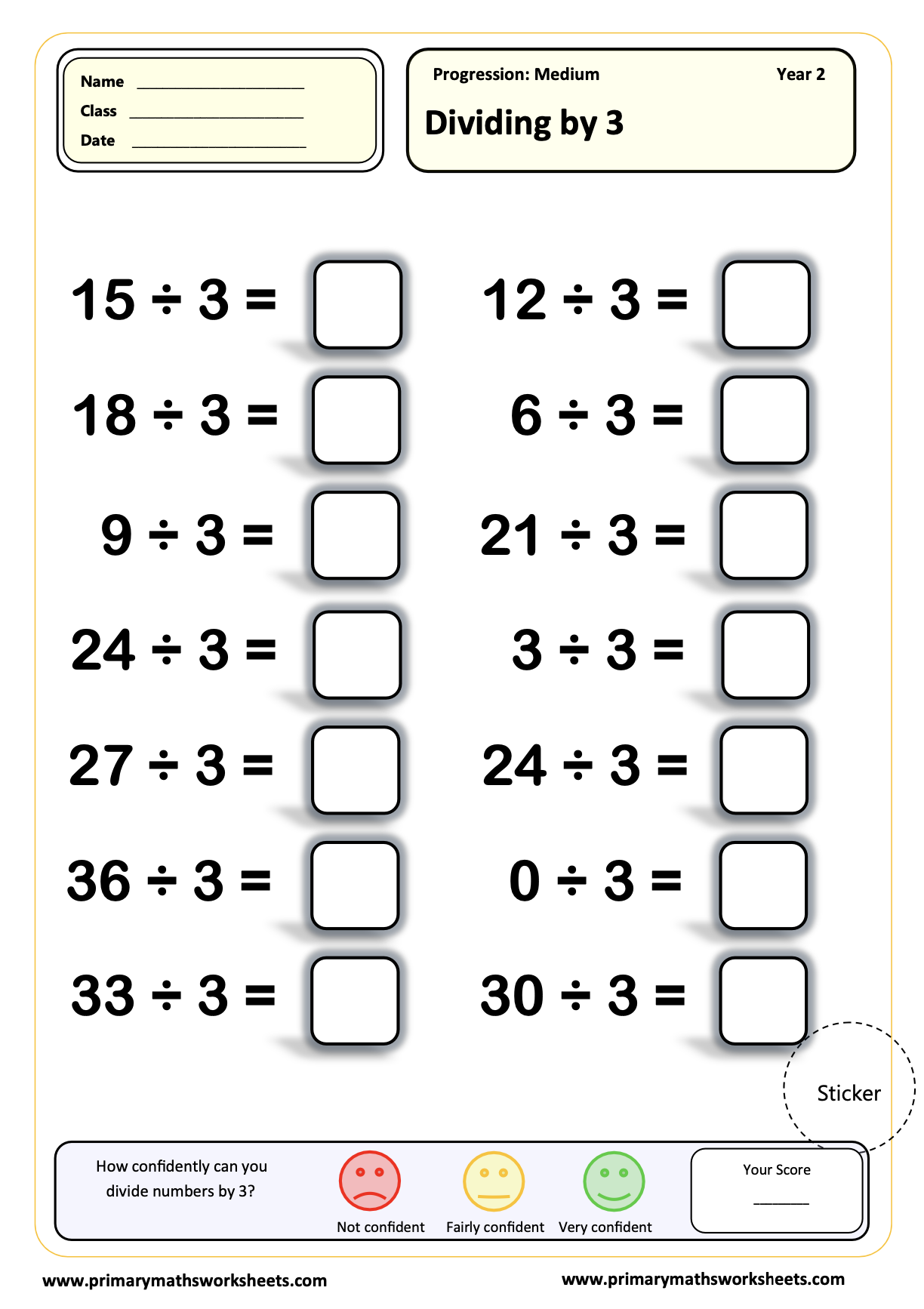 Year 2 Dividing by 3 Worksheet