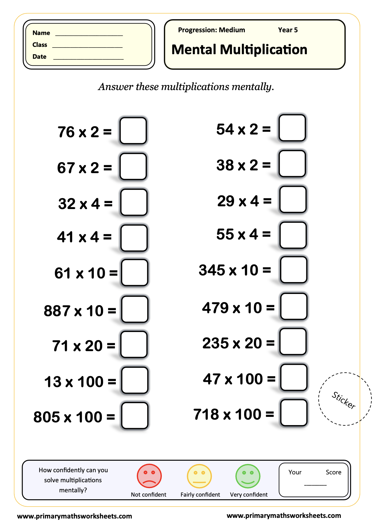 Year 5 Mental Multiplication Worksheet