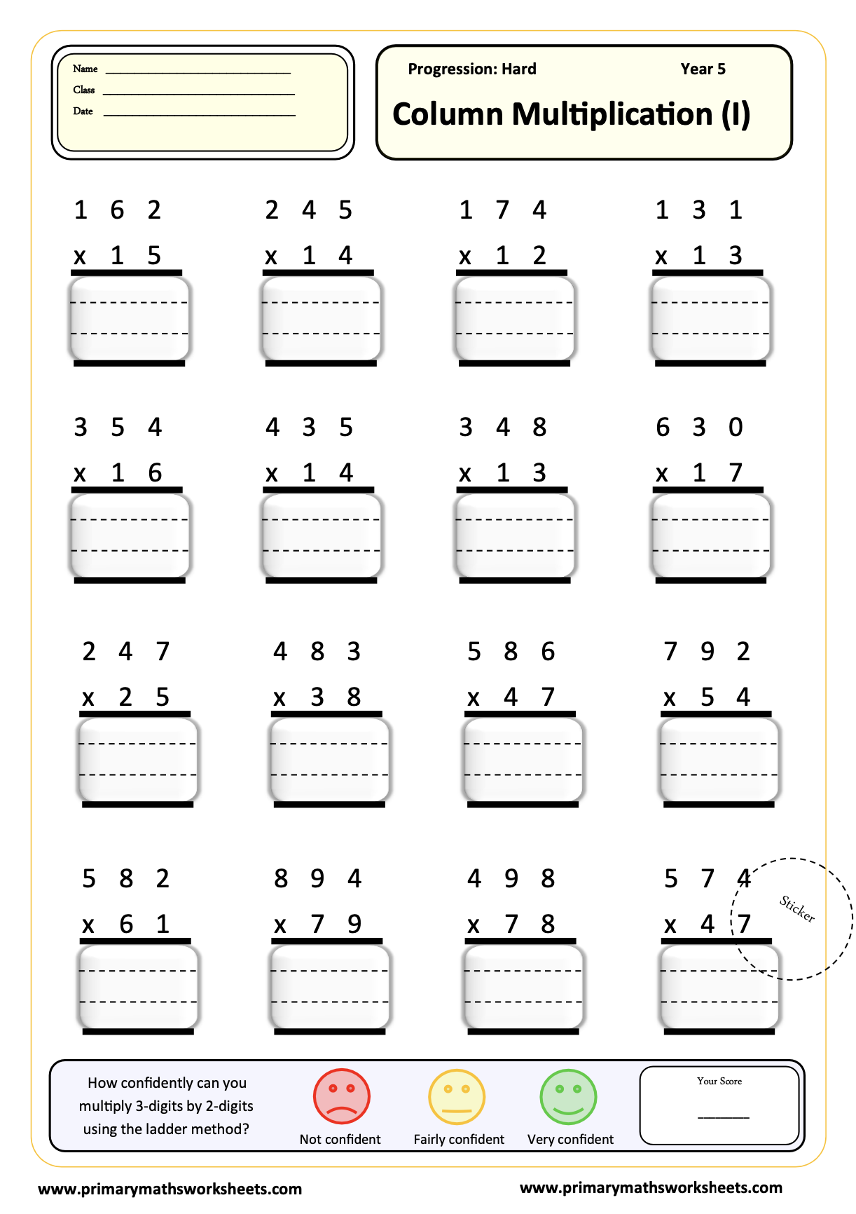 Year 5 Column Multiplication Worksheet