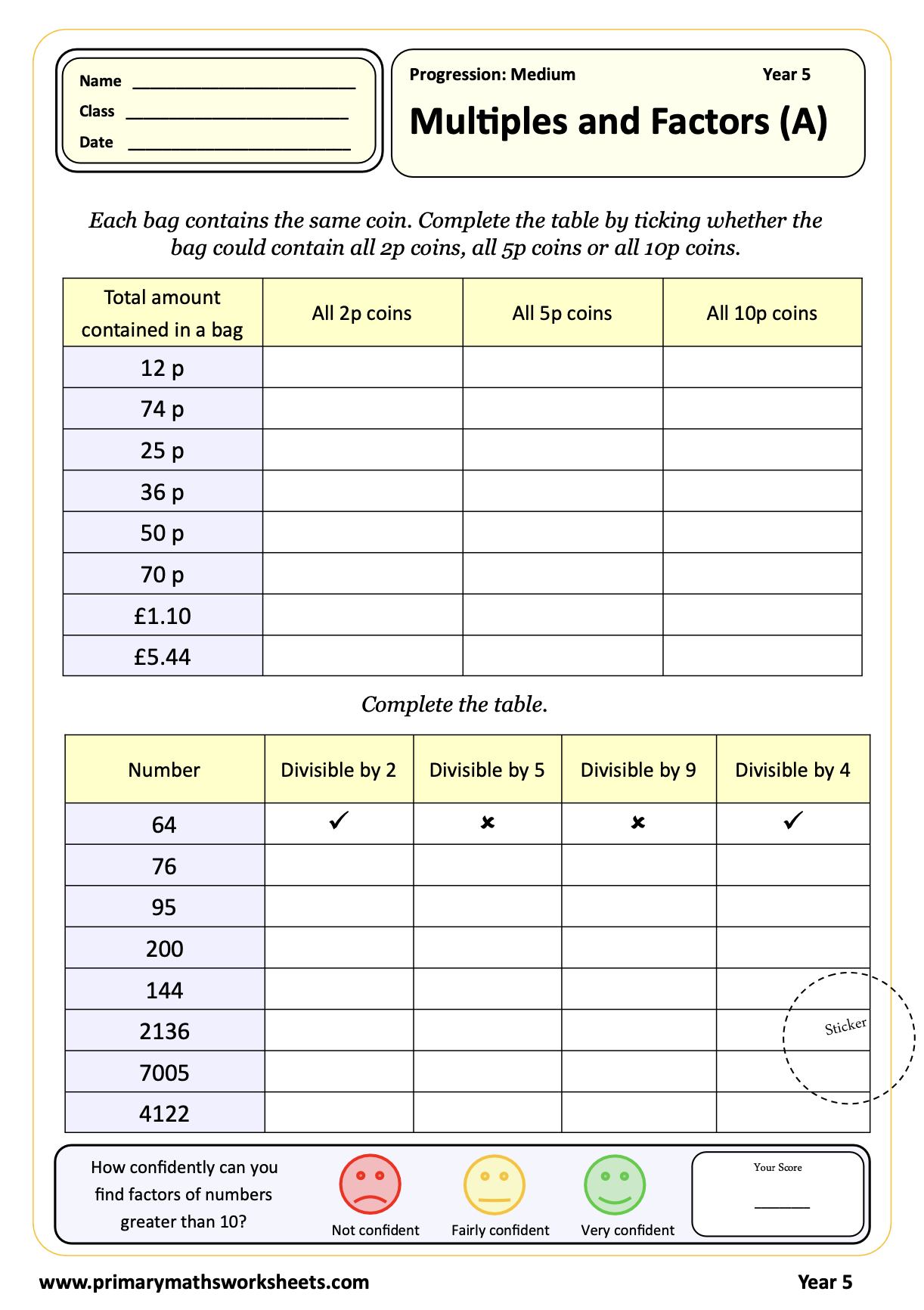Year 5 Multiples and Factors Worksheet