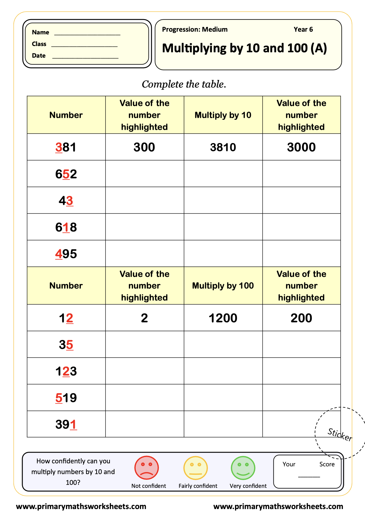 Year 6 Multiplying by 10 and 100 Worksheet